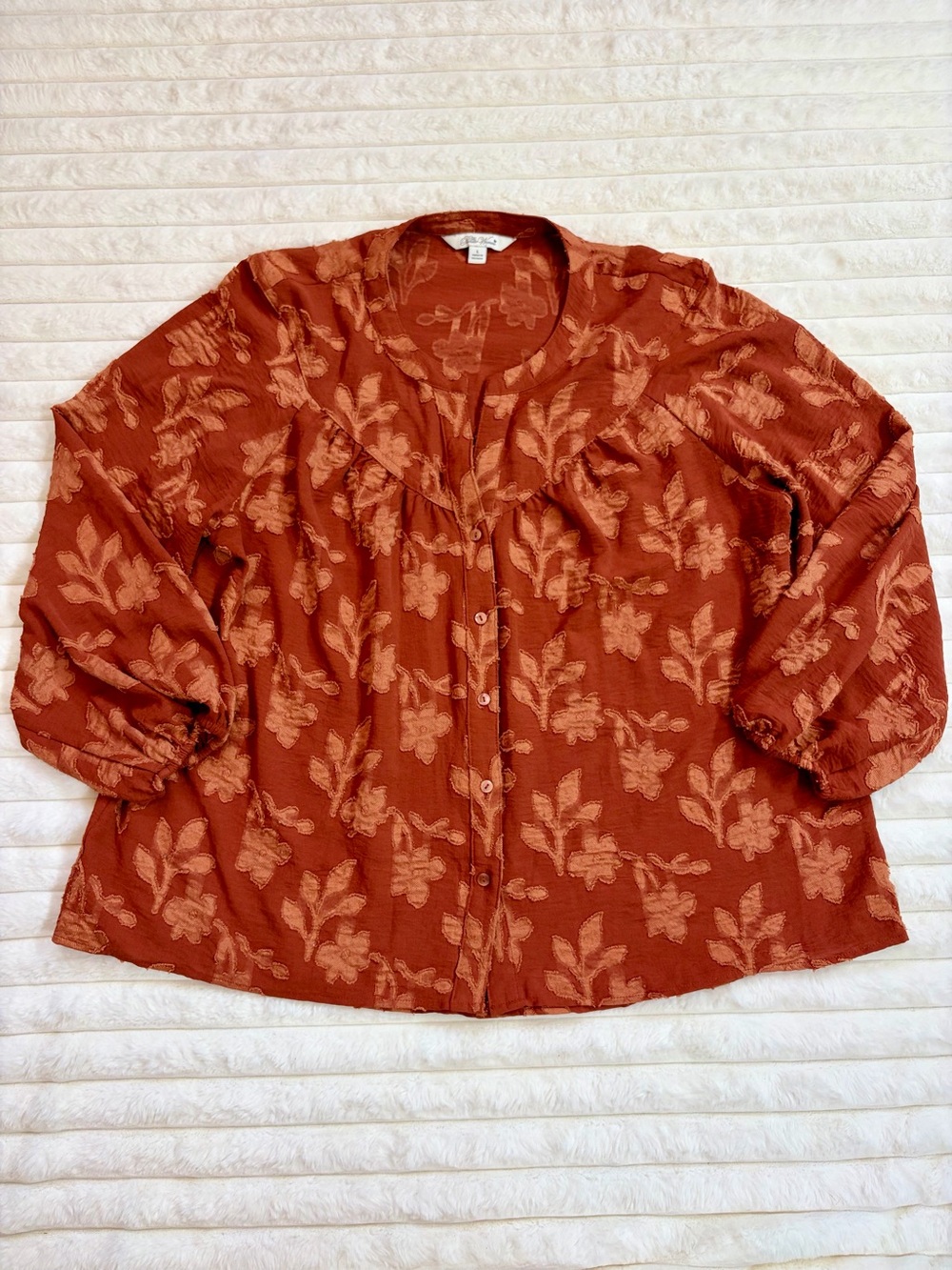 Pioneer Woman Rust Floral Button-Front Women’s Top Quarter Sleeve Aesthetic